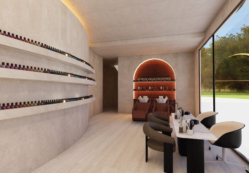 Computer-generated interior of a nail salon with a glass facade, two nail stations and three rows of shelves filled with nail polish bottles.