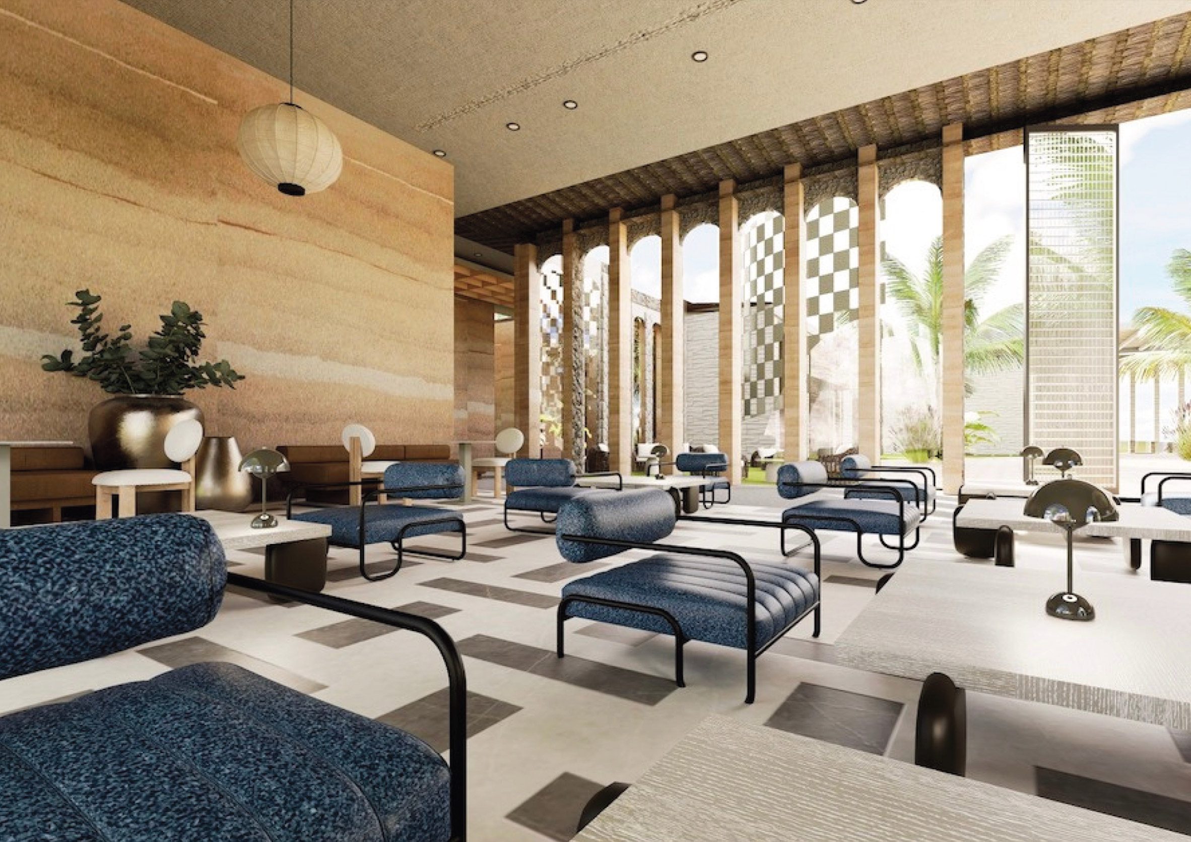 Computer-generated image of a communal lounge area, with square tables and blue chairs.
