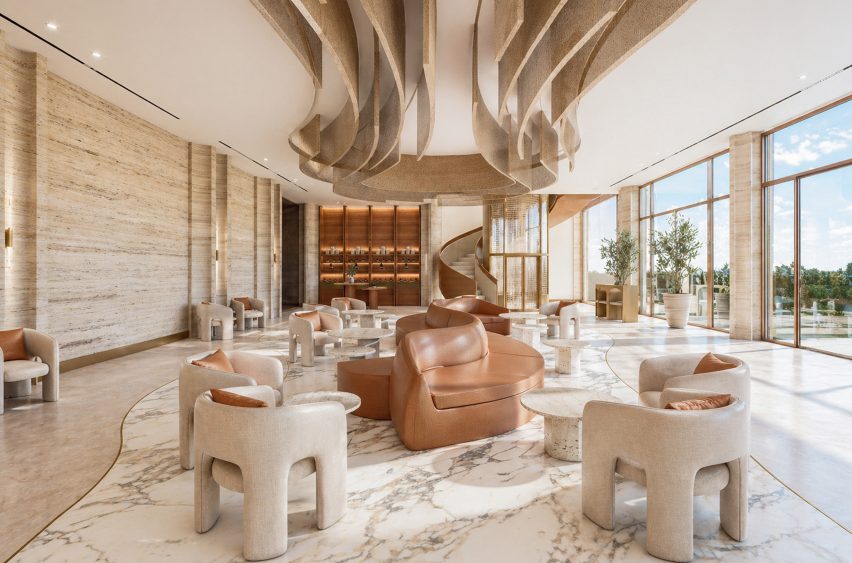 Computer-generated image of a neutral contemporary interior with an expansive glass facade and marble floors.