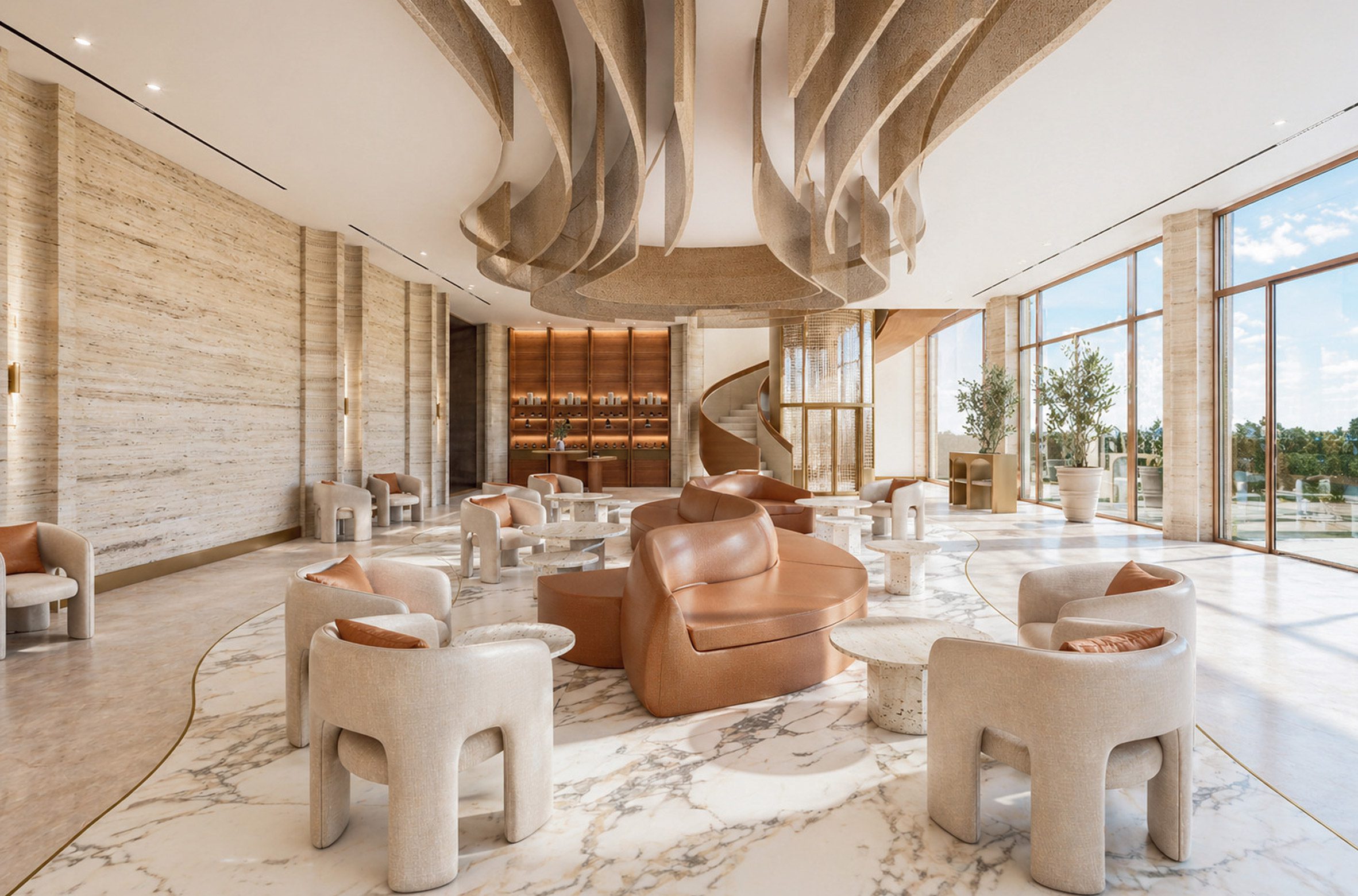 Computer-generated image of a neutral contemporary interior with an expansive glass facade and marble floors.