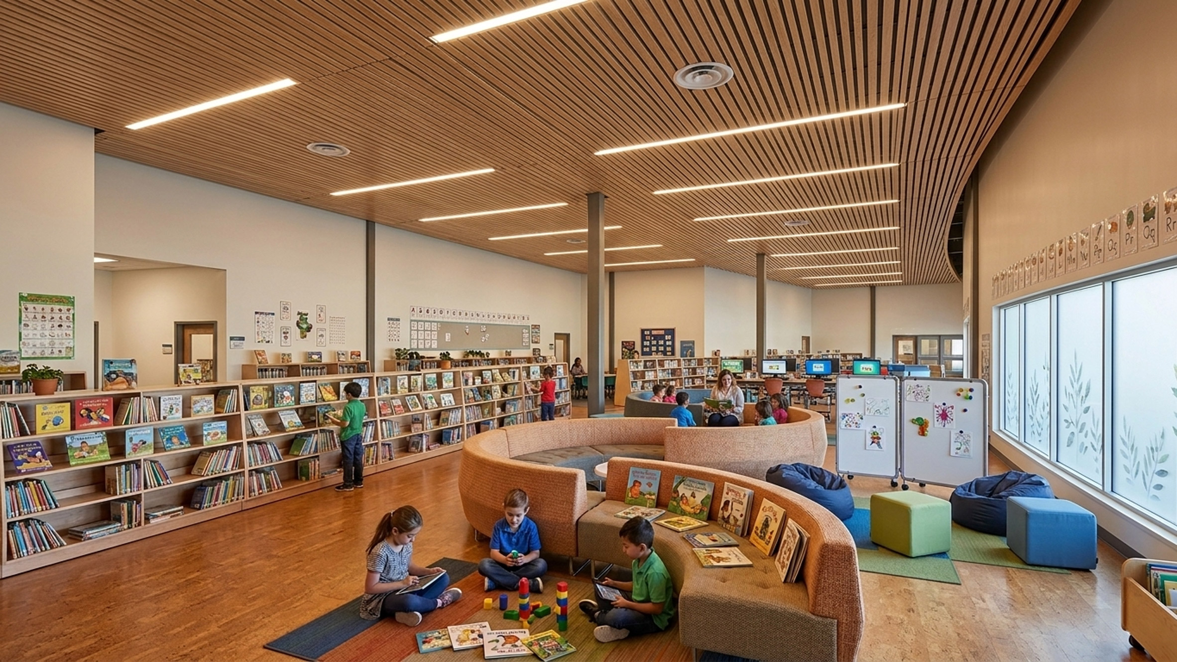 Fotos de niños en la biblioteca.