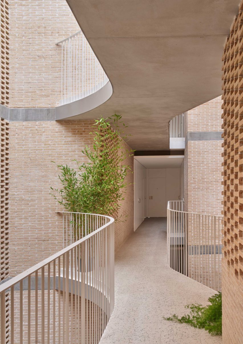Neutral brick apartment hallway