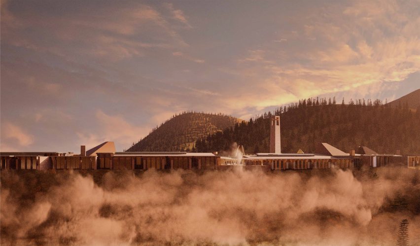 Render of a building surrounded by hills