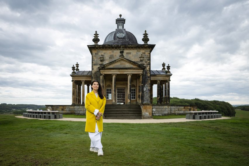 Photo of Es Devlin outside of the Temple of the Four Winds in Castle Howard