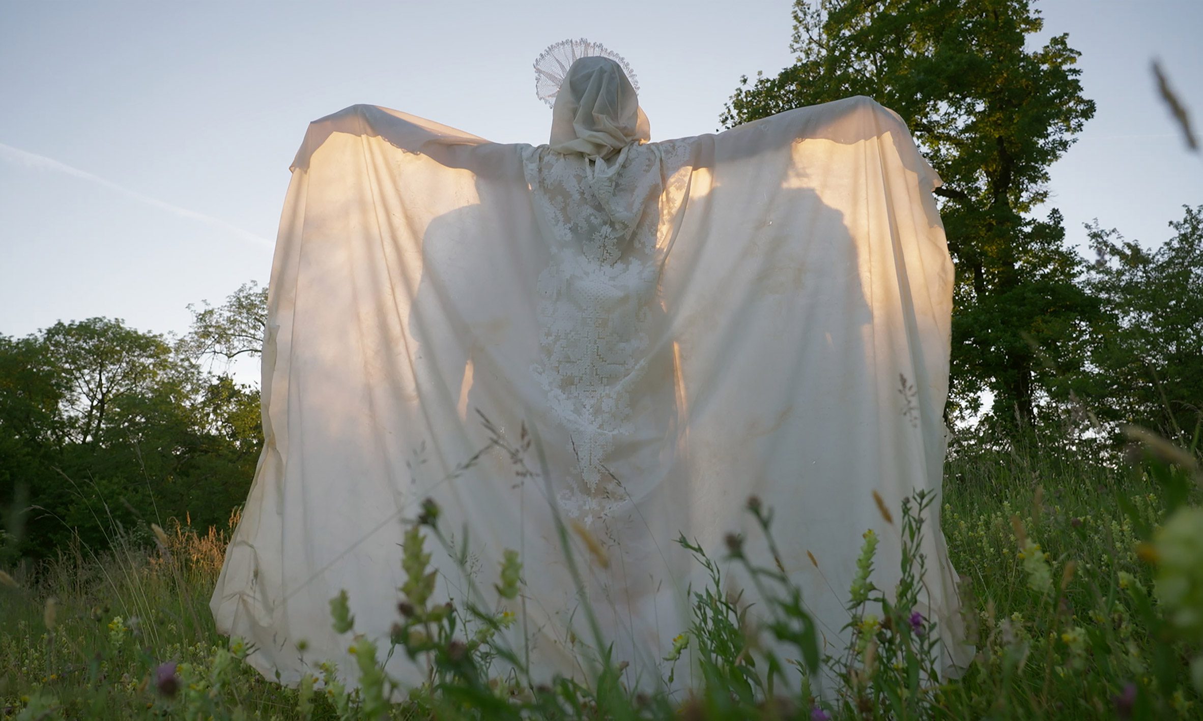 Image of a person wearing a draped white fabric in a field, with their arms held out to the side.