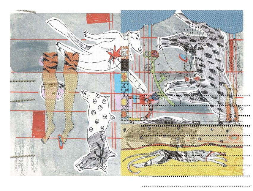 An abstract art sketch, featuring animals and legs with a tiger-like pattern