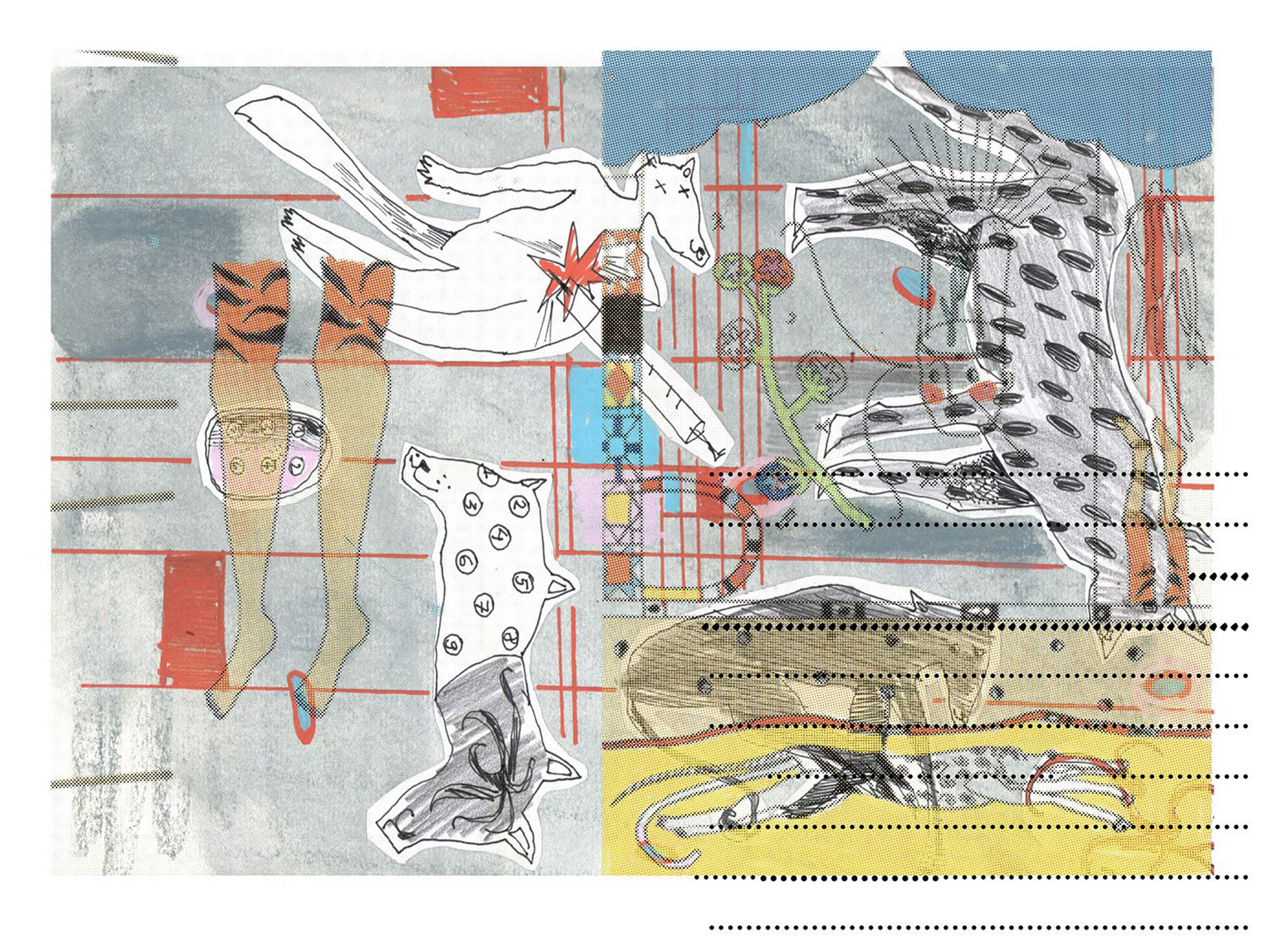 Um esboço de arte abstrata, apresentando animais e pernas com um padrão de tigre
