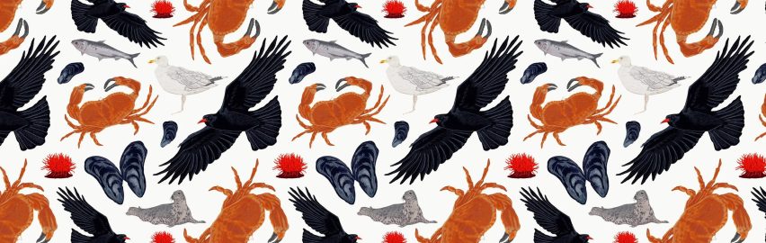 Cornish coastal pattern featuring crabs, seals, fish and birds