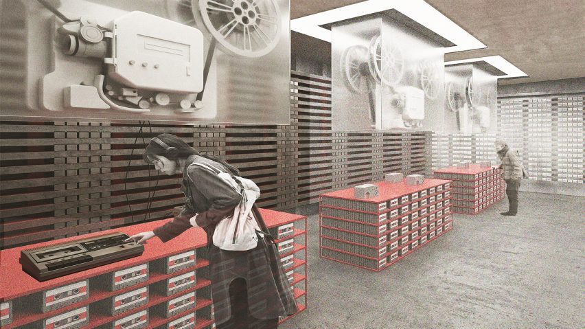 Computer generated image of a young woman in a store, testing a cassette player.