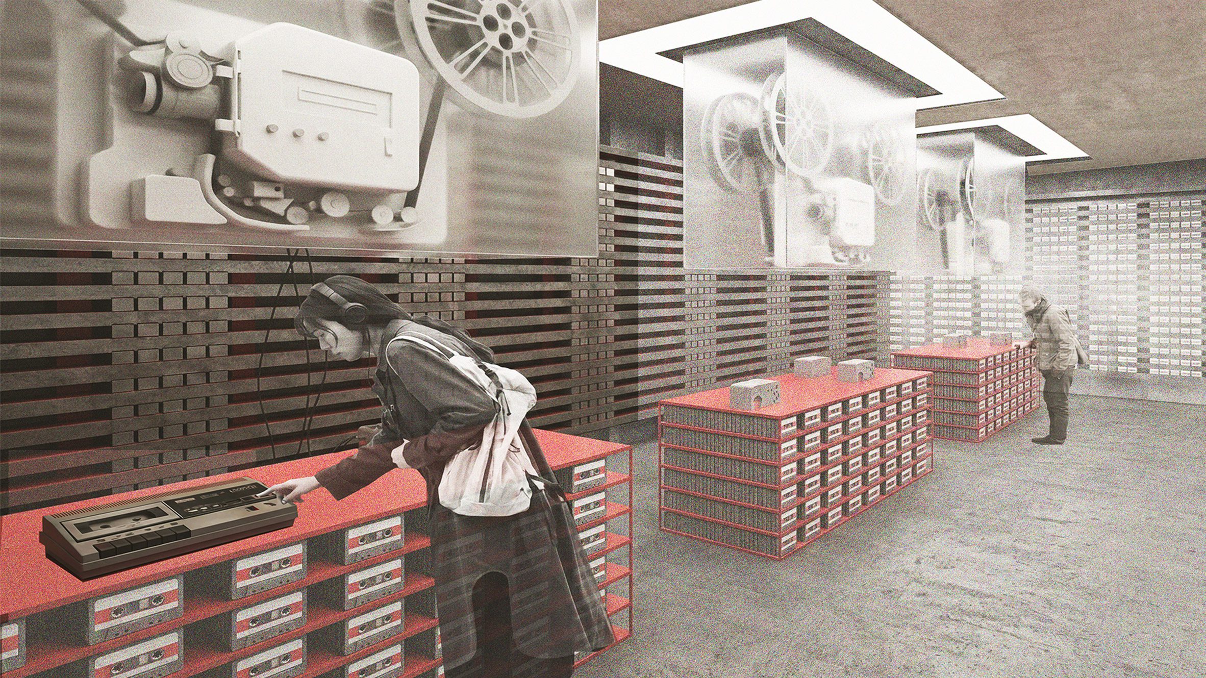 Computer generated image of a young woman in a store, testing a cassette player.