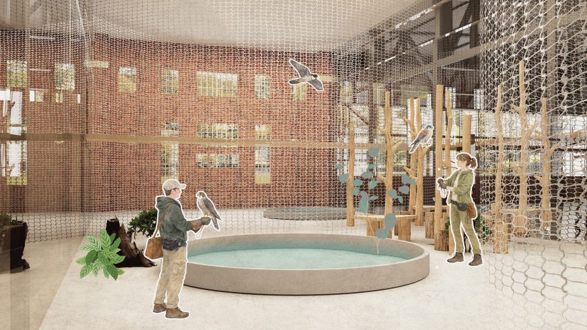 Computer generated render of an interior environment for birds of prey.