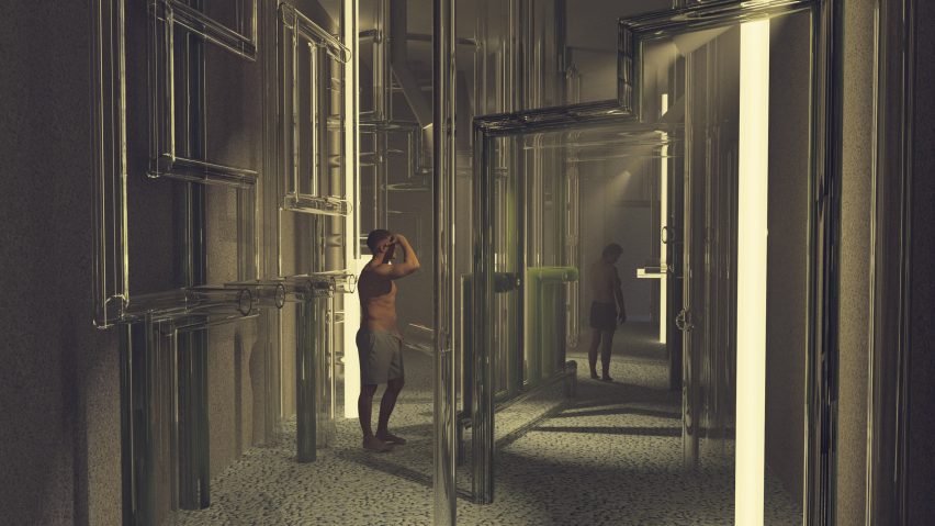 Computer generated image of two people standing in a room with a number of glass pipes.