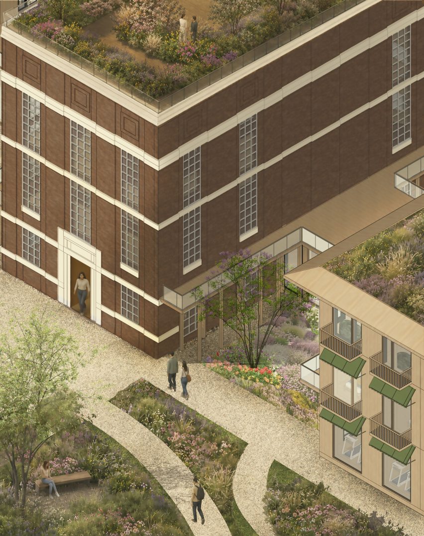 A render of a building and gardens