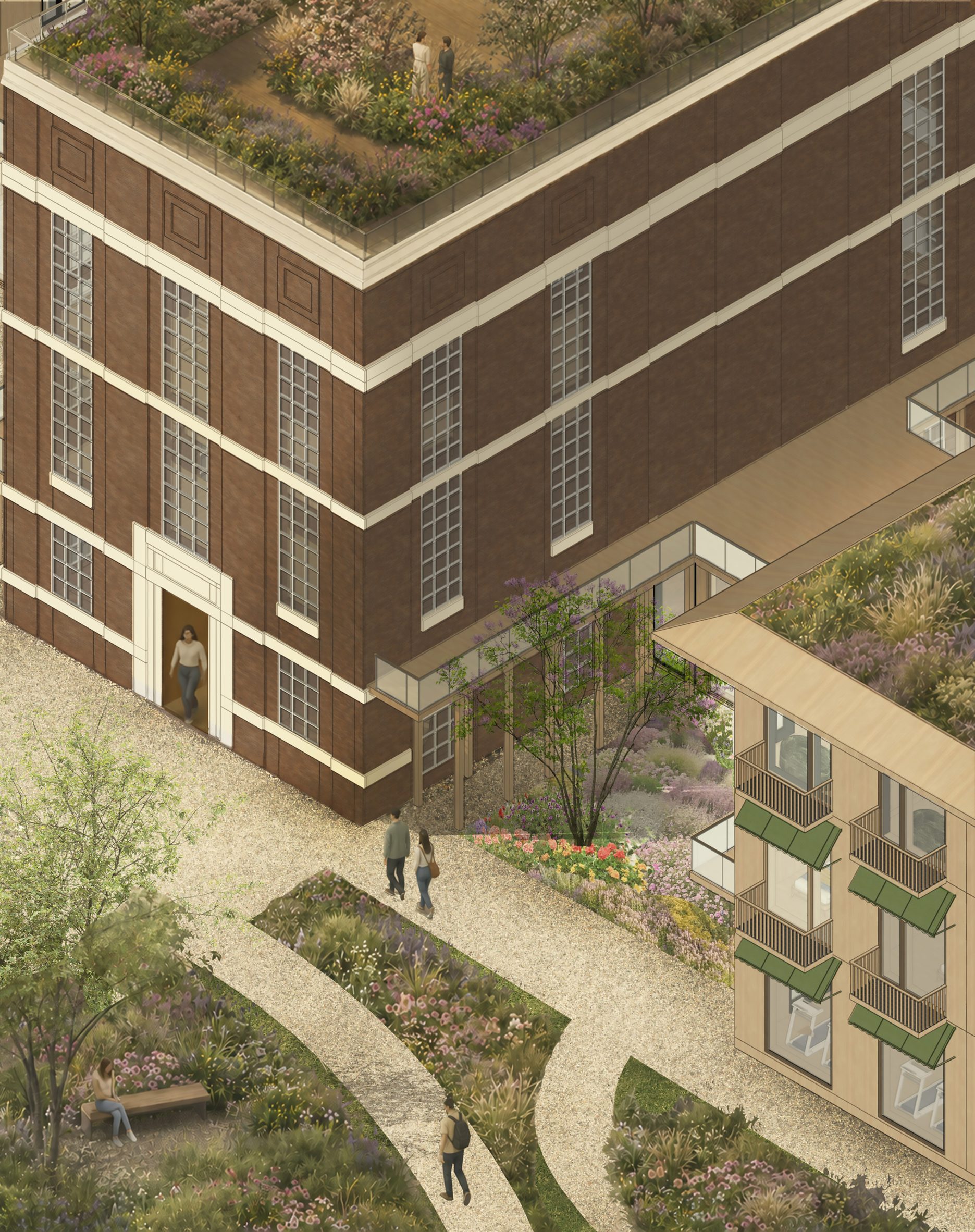 A render of a building and gardens