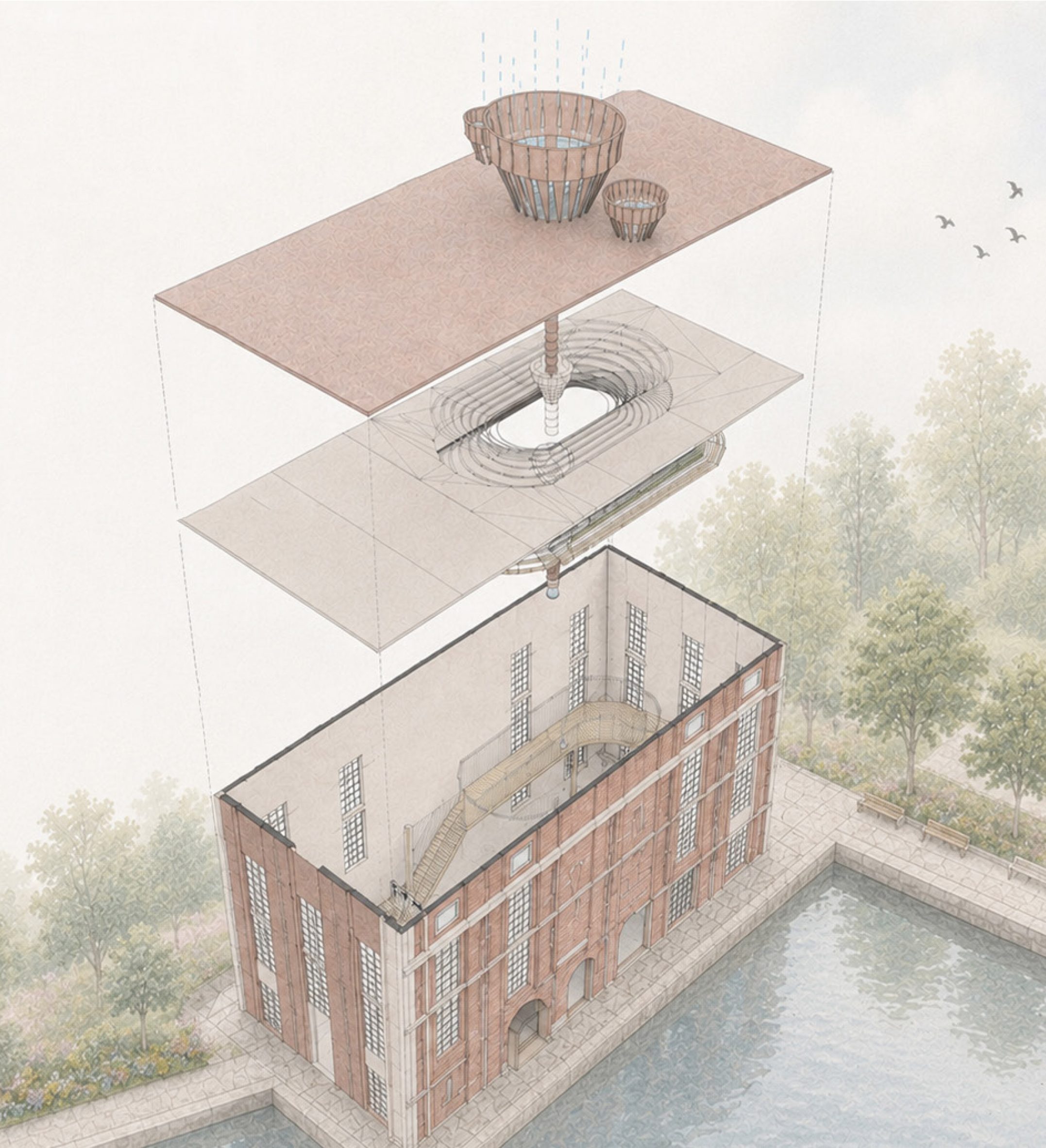 Digital illustration of a dissection of a building