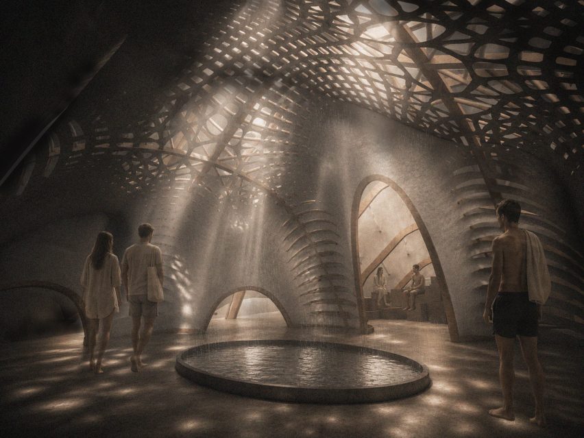 Render of people in a pavilion