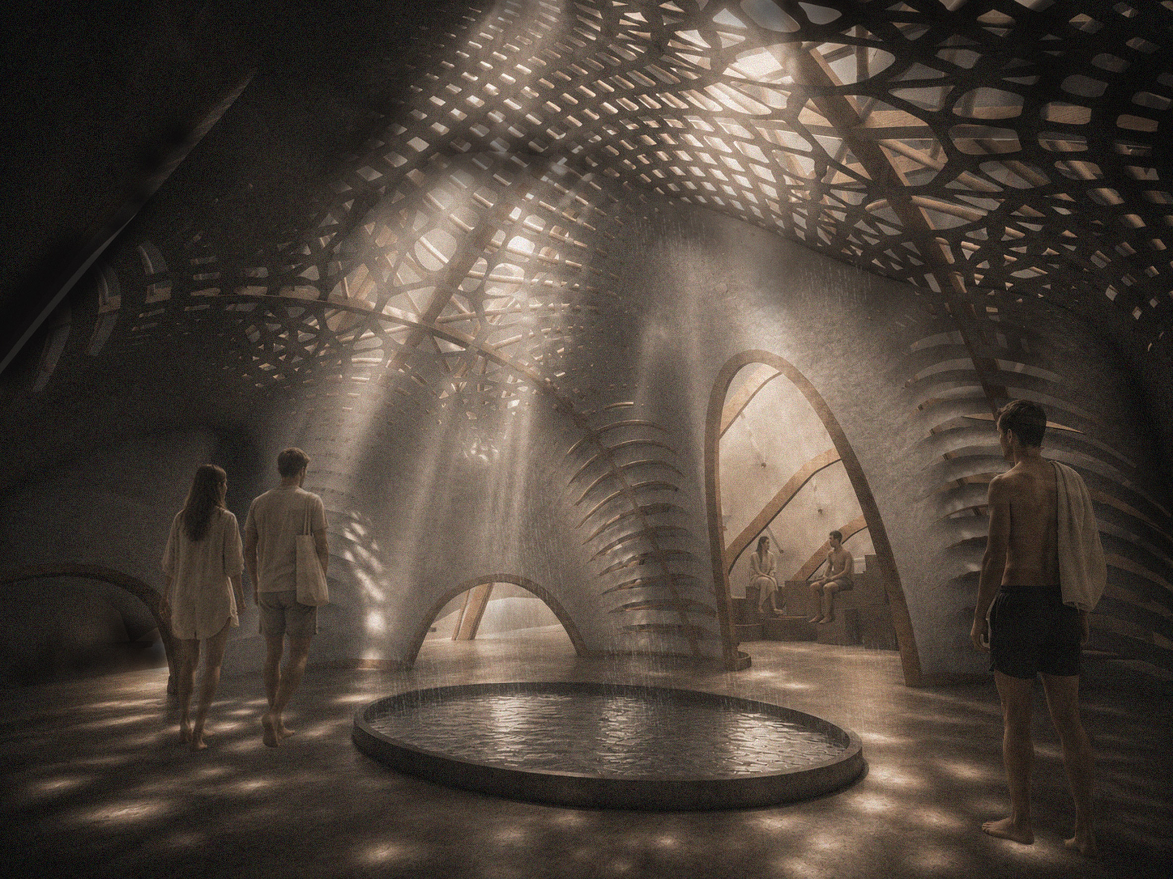 Renderização de pessoas em um pavilhão