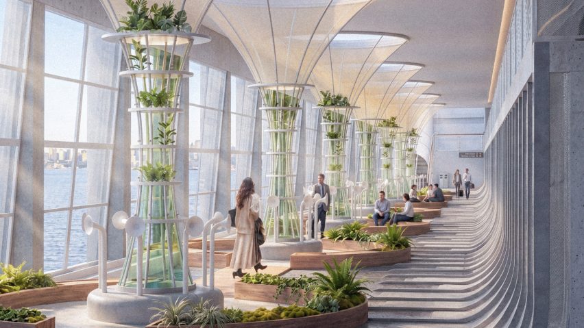 Render of the inside of a building. Featuring plants