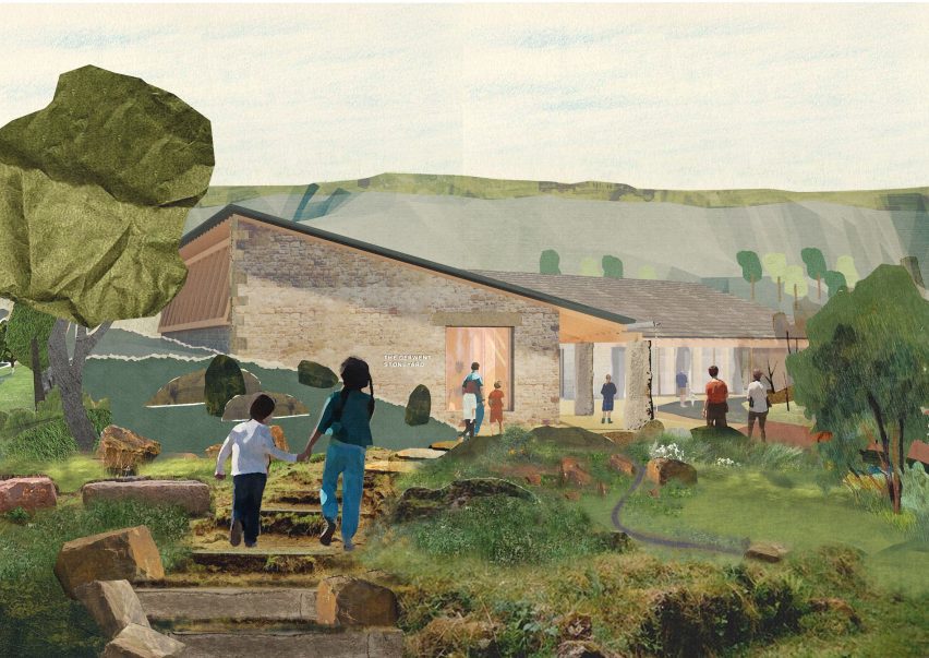 Illustration of people around a stone-repair centre