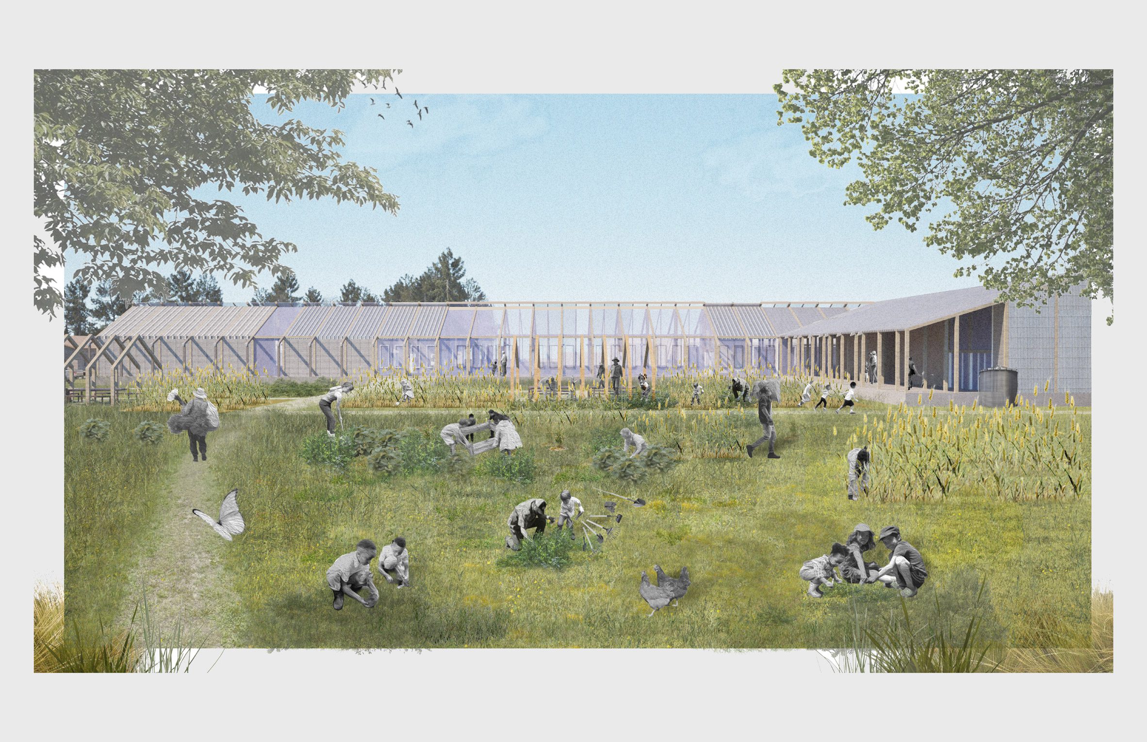 Render of people in a field in front of a building