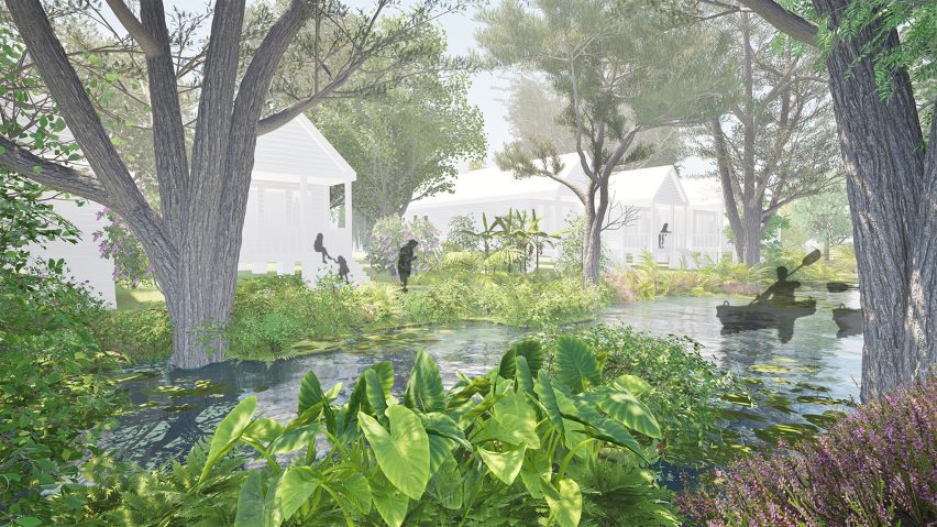 Render of a body of water surrounded by plants