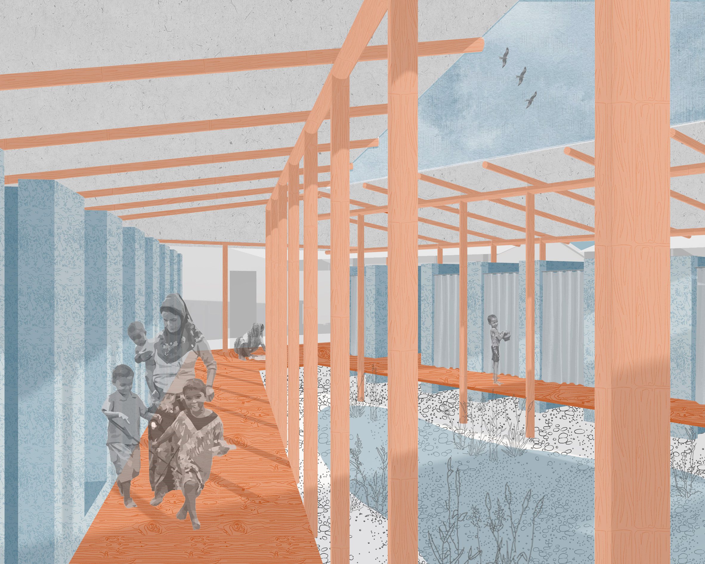 Render of family in a corridor