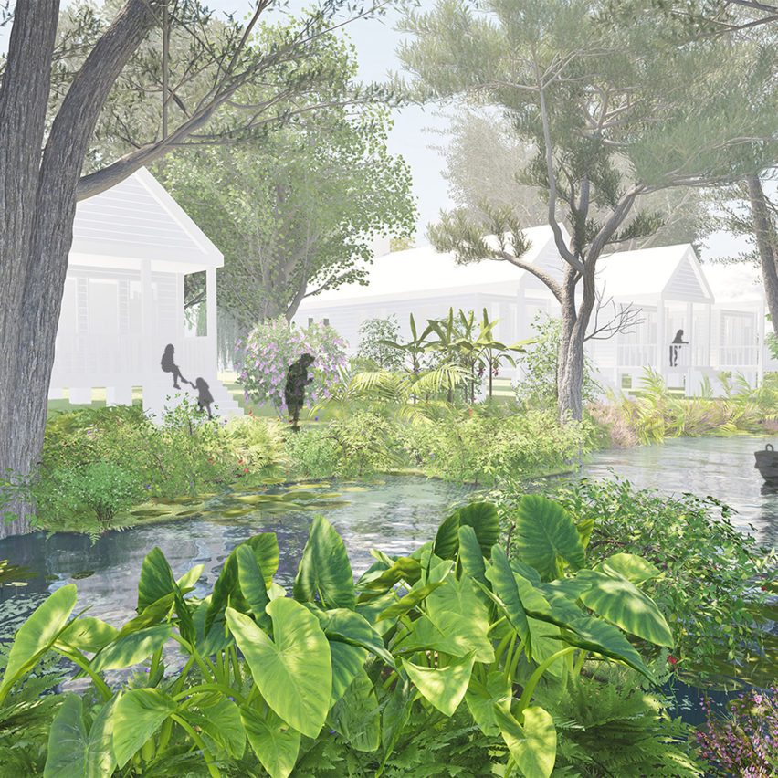 Render of a body of water surrounded by plants
