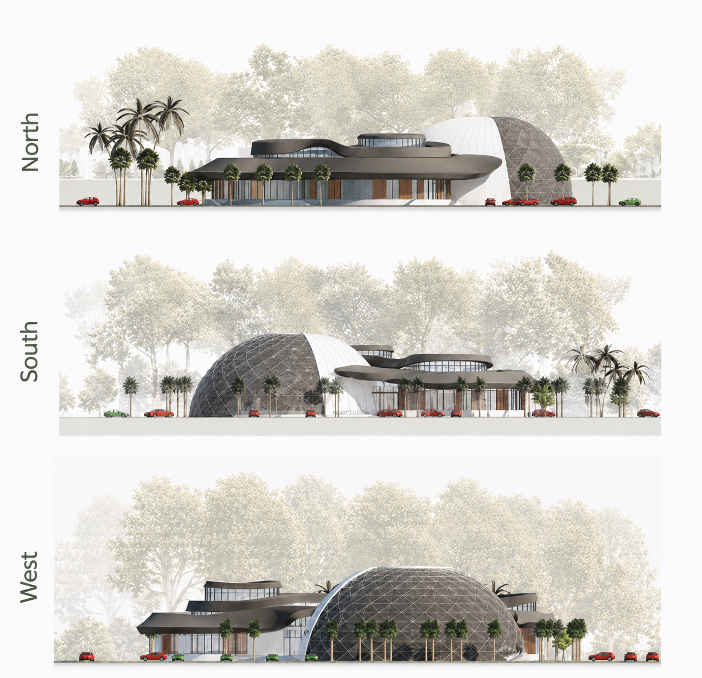 Computer-generated image, showing a 360 degree view of a building complex in three separate images.