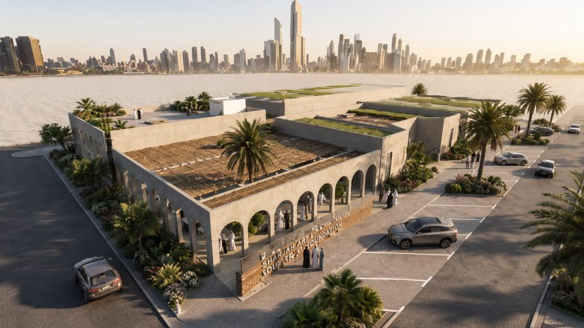 Architectural render of a large community building with a facade of archways, and a cityscape in the background.