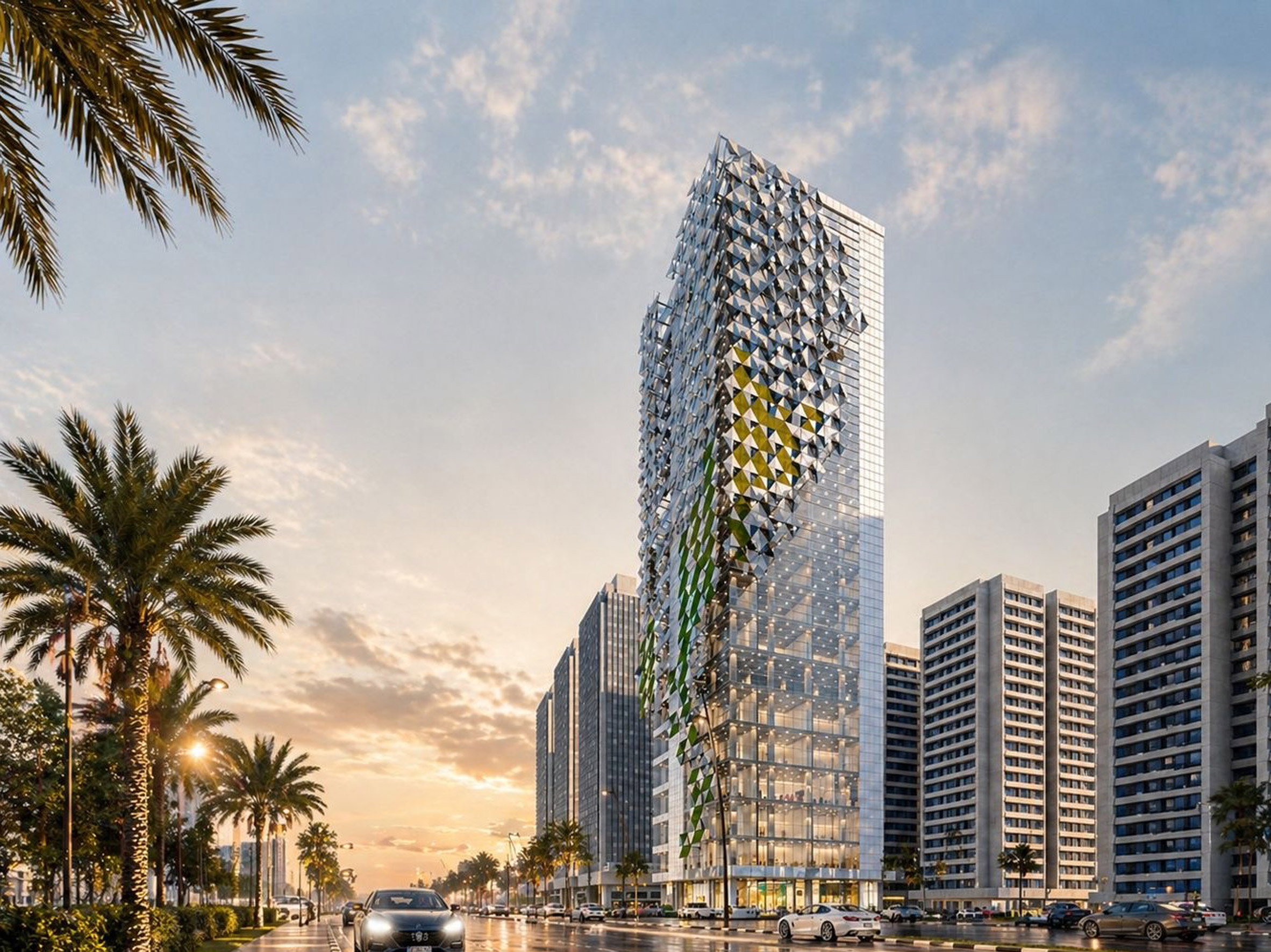 Architectural render of a skyscraper.