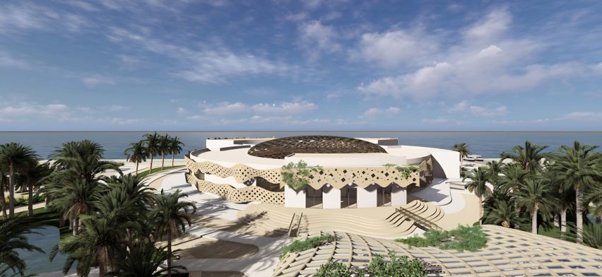 Image of an architectural render of a large white building on the coastline. The building is surrounded by trees.