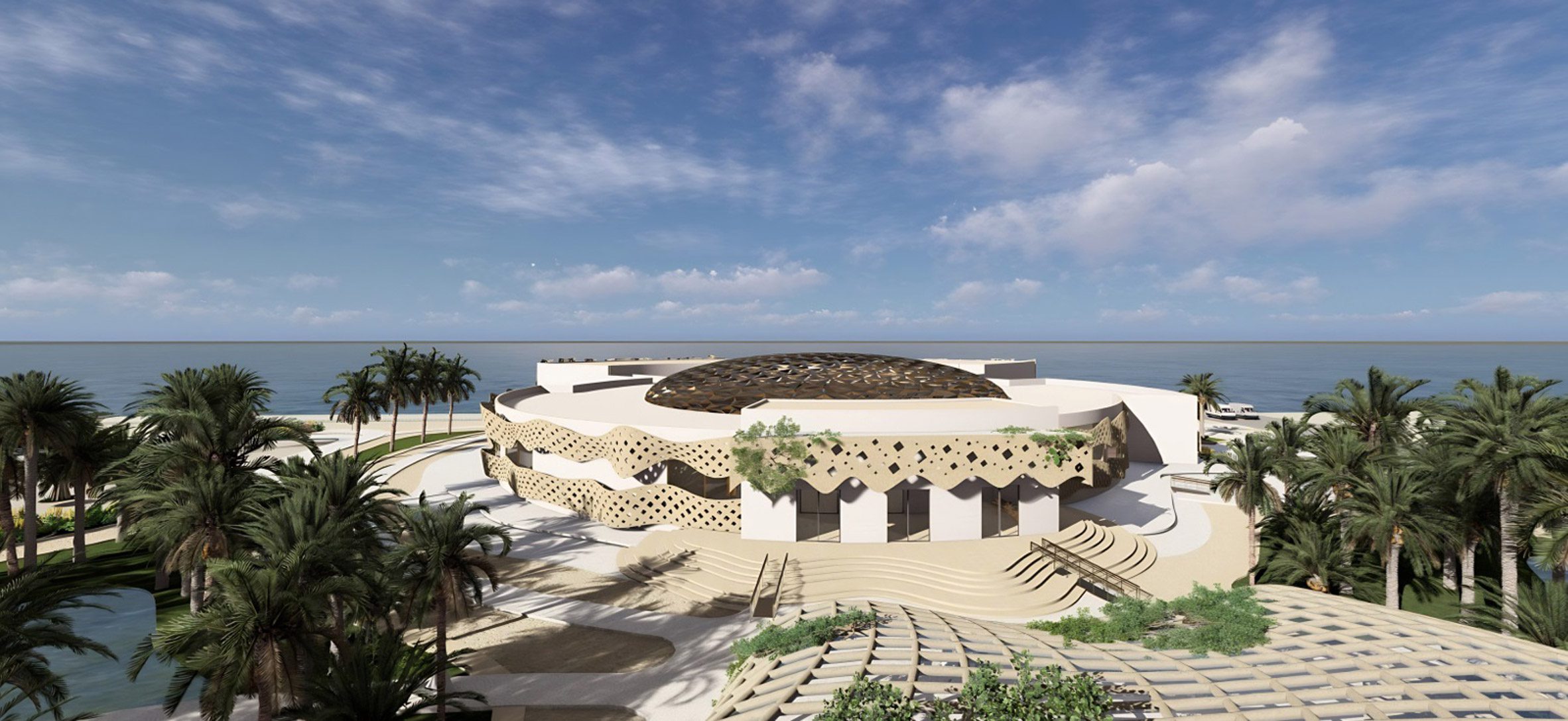 Image of an architectural render of a large white building on the coastline. The building is surrounded by trees.
