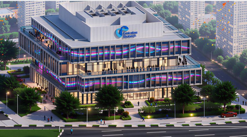 Architectural render of a large corporate building with colourful lights tracing around the exterior.