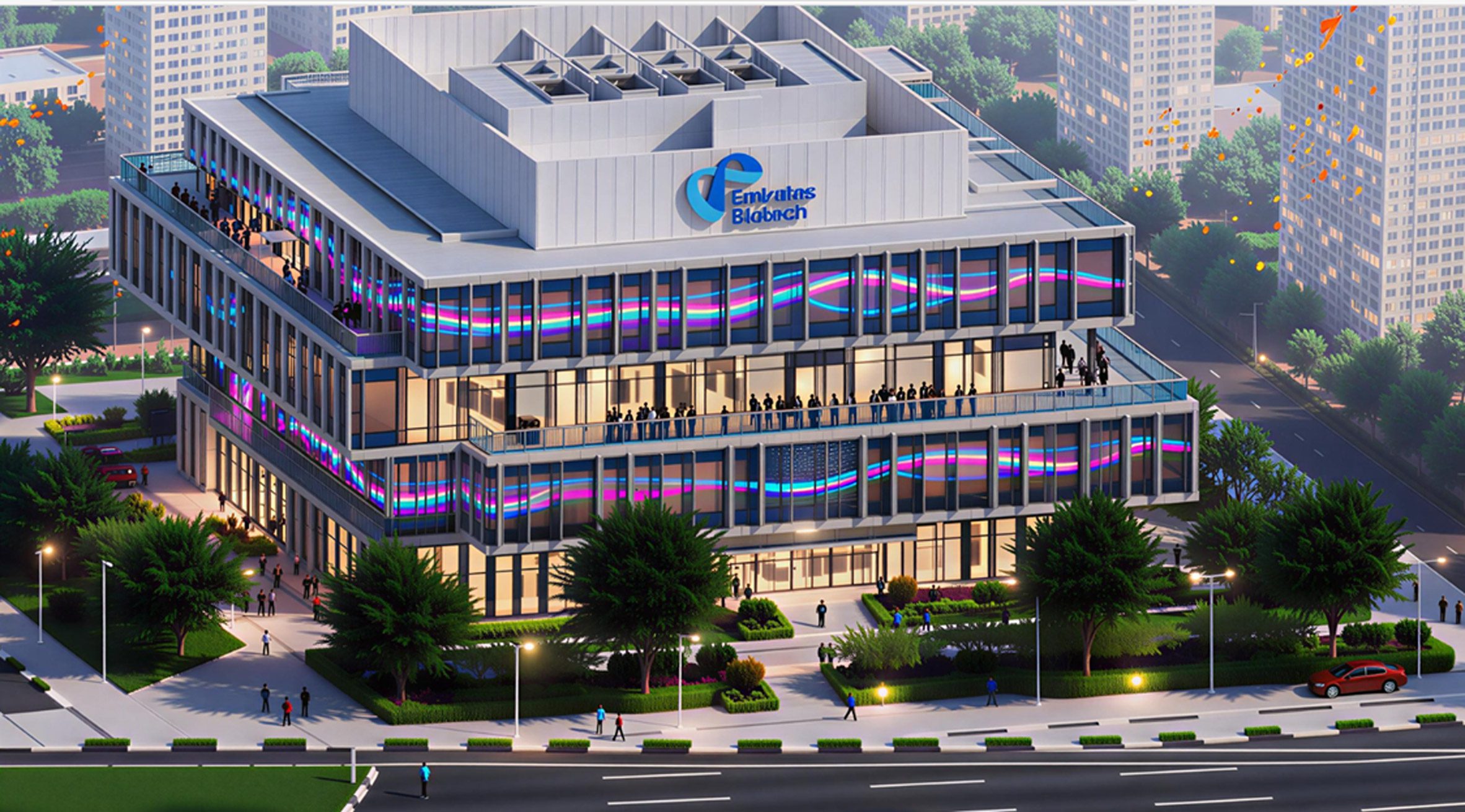 Architectural render of a large corporate building with colourful lights tracing around the exterior.