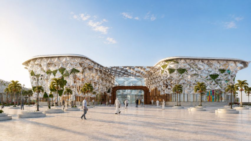 Architectural render of a large public building with a textured exterior.
