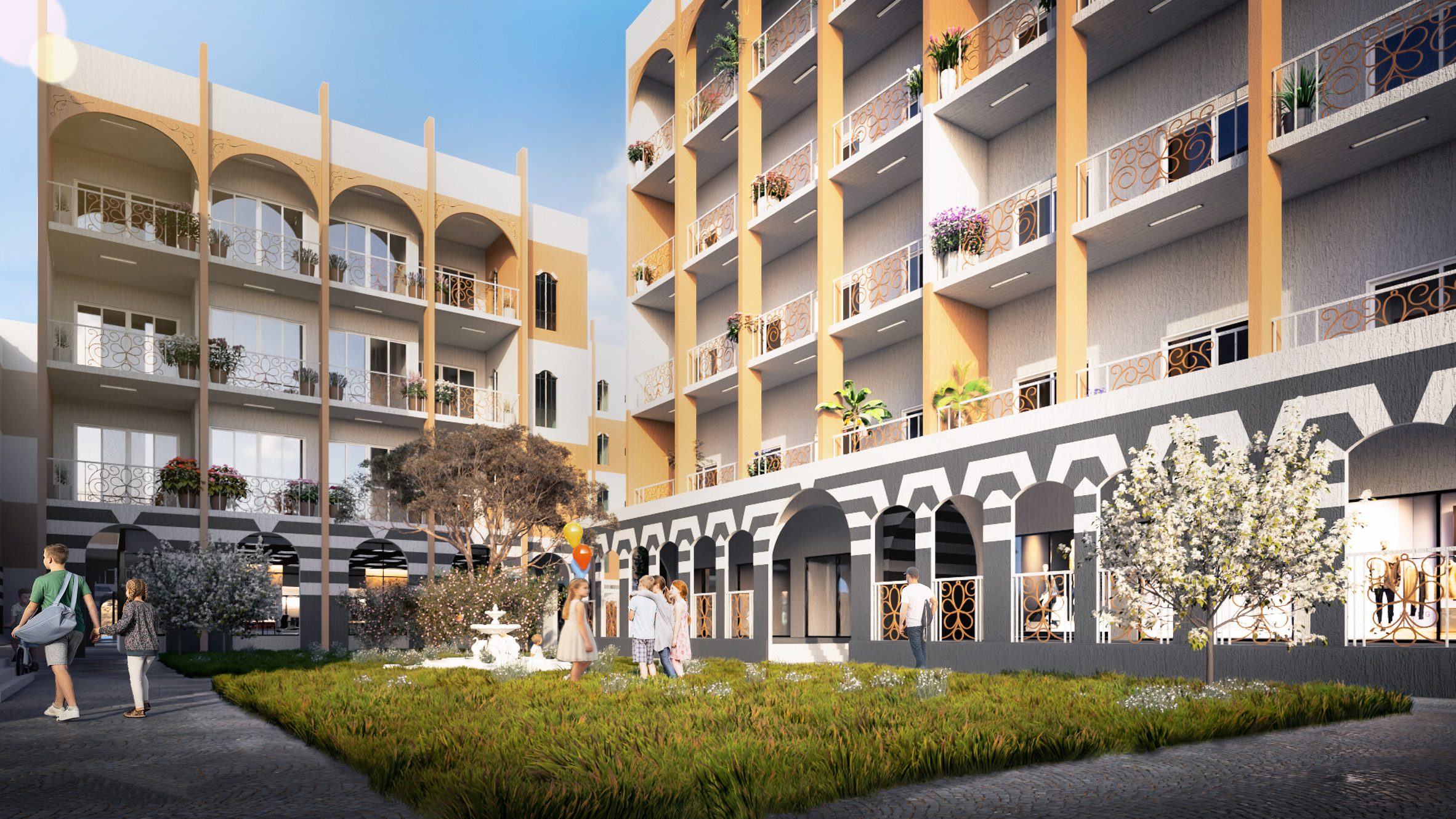 Architectural render of a lightly populated courtyard area with arched walkways that expose a series of shops.