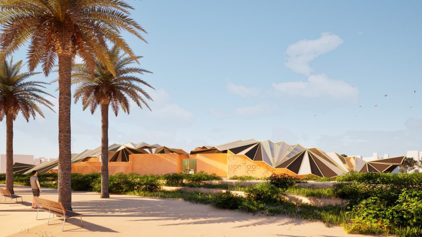 Architectural render of a public building with an expansive textured roof.