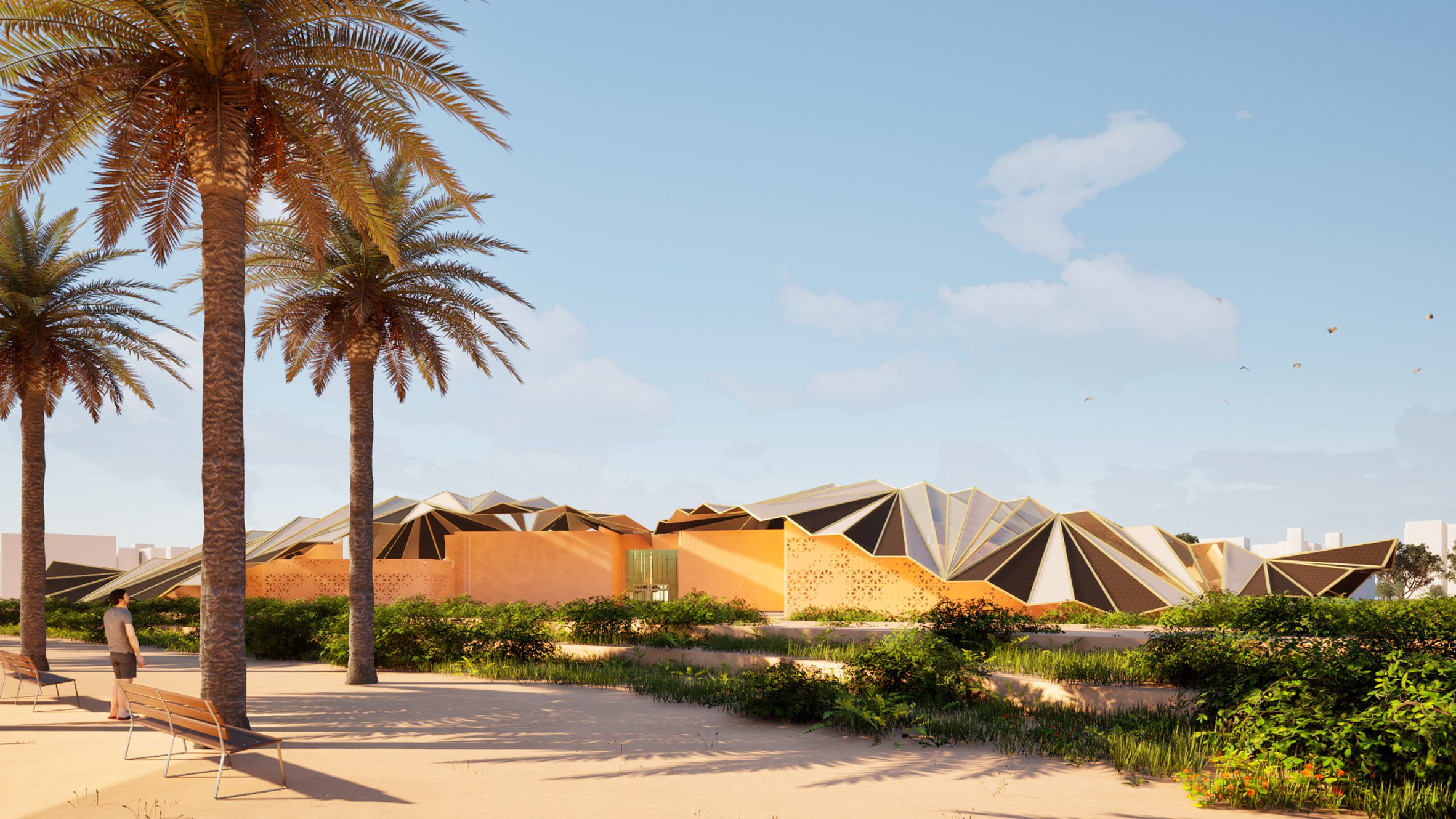 Architectural render of a public building with an expansive textured roof.