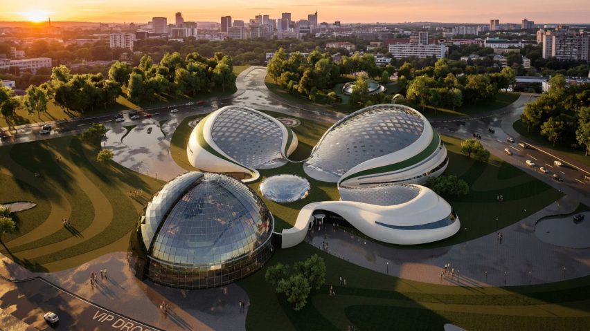 Architectural render of a futuristic building consisting of four connecting domes in a curvaceous, free-form shape.