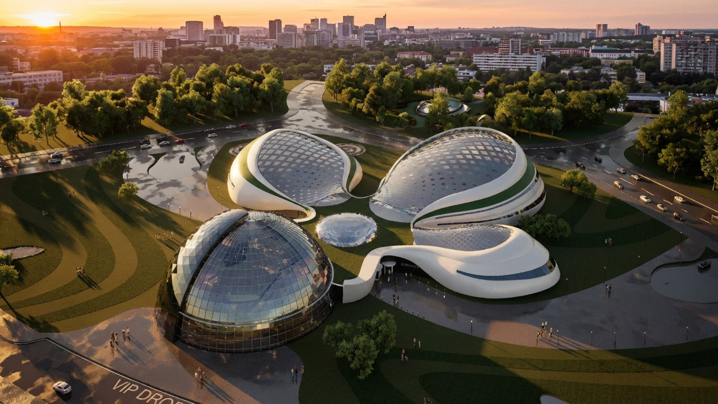 Architectural render of a futuristic building consisting of four connecting domes in a curvaceous, free-form shape.
