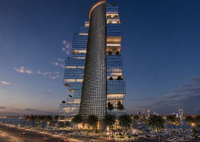 Architectural render of a skyscraper on the coastline.