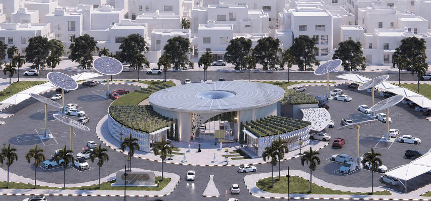 Architectural render of a central public building surrounded by solar panels.