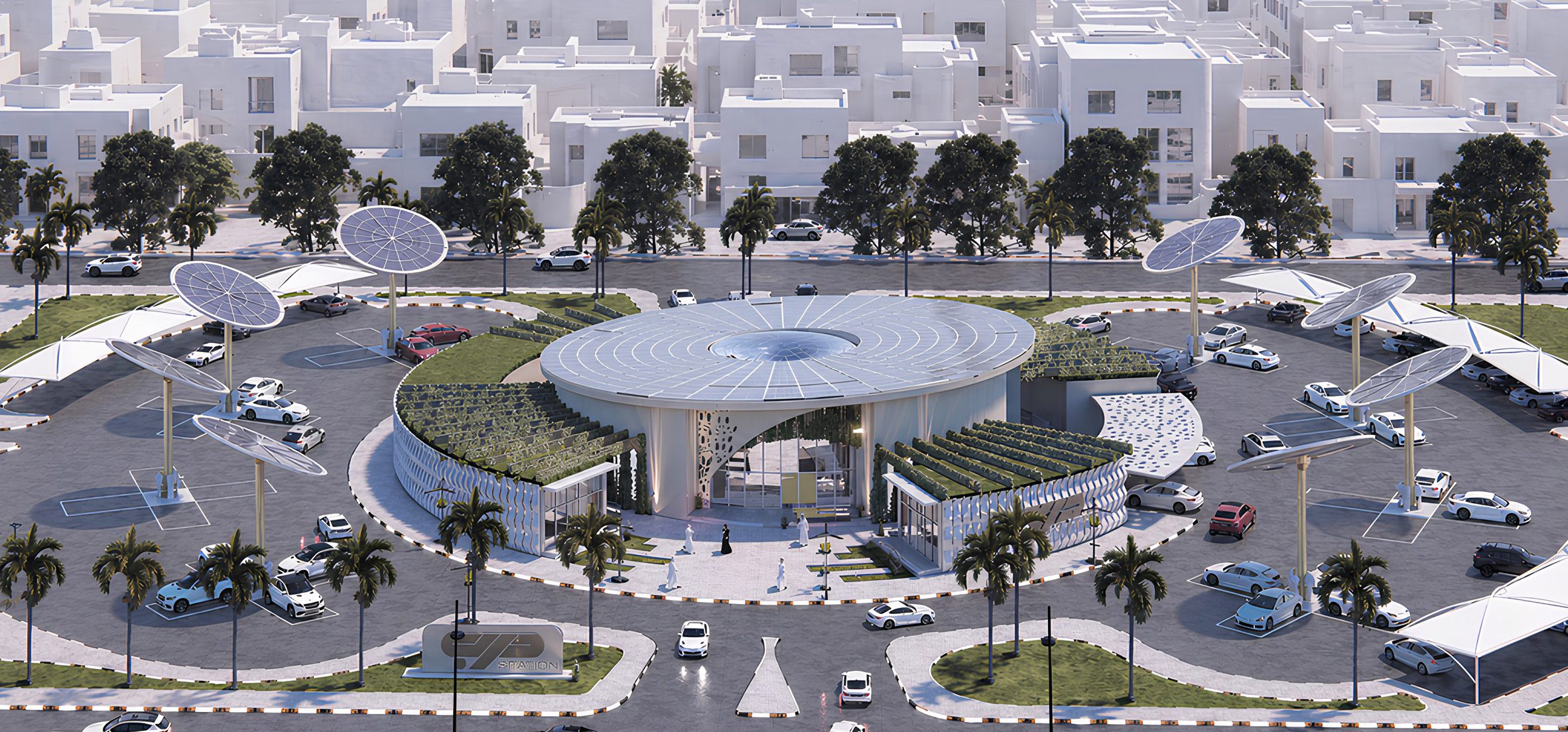 Architectural render of a central public building surrounded by solar panels.