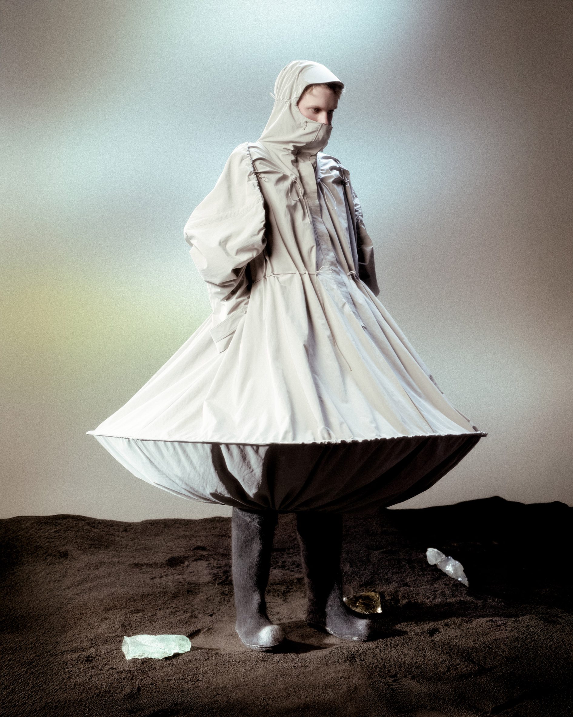 Photograph of a model wearing a structural piece of clothing.