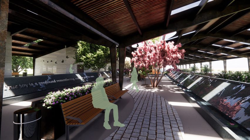 Render of outdoor space with a tree and benches