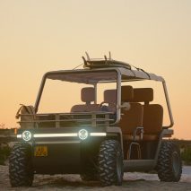 Golf cart, small car and moon buggy meet in electric Amble One