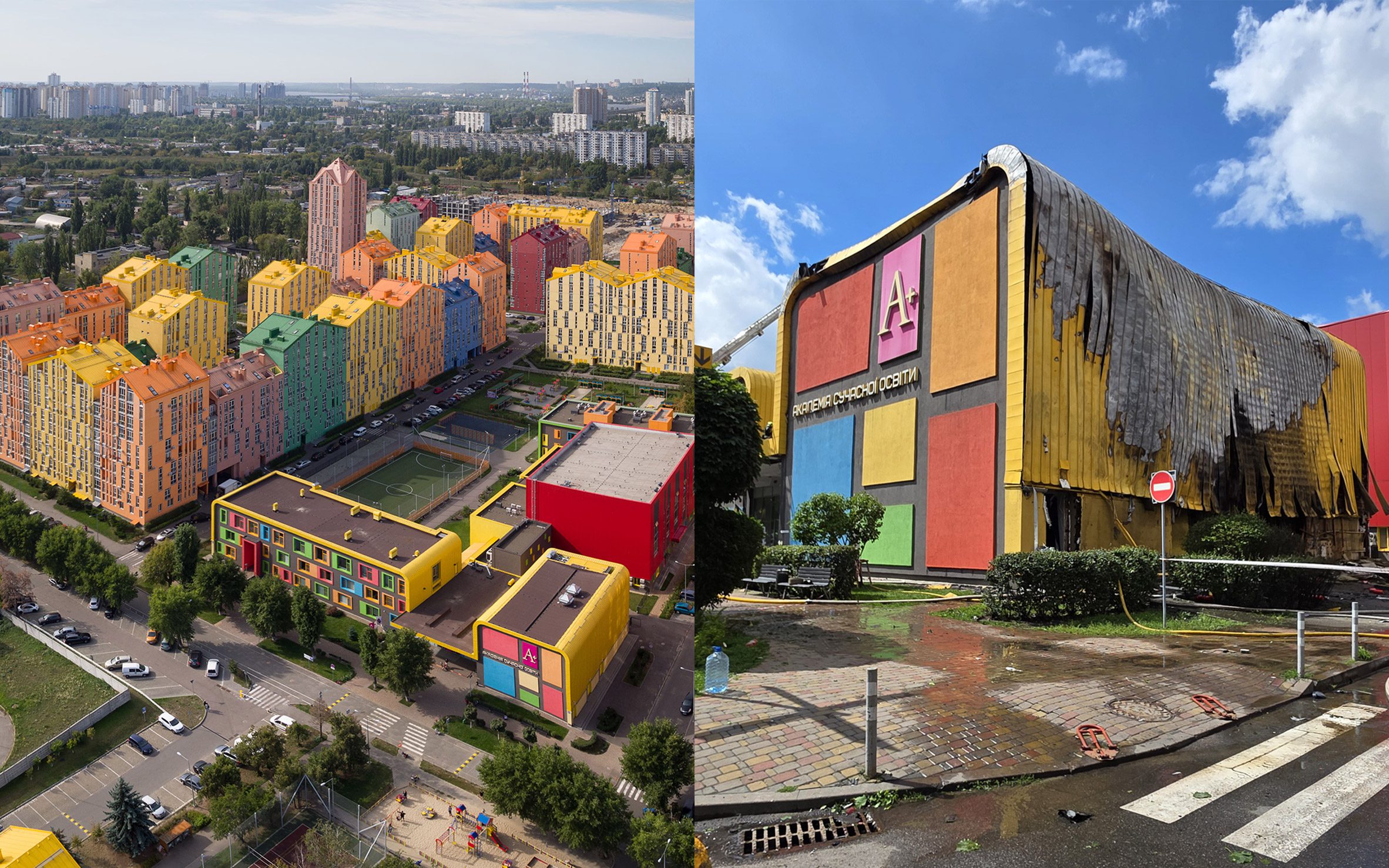 Archimatika's Comfort Town residential district in Kyiv before and after Russian strikes