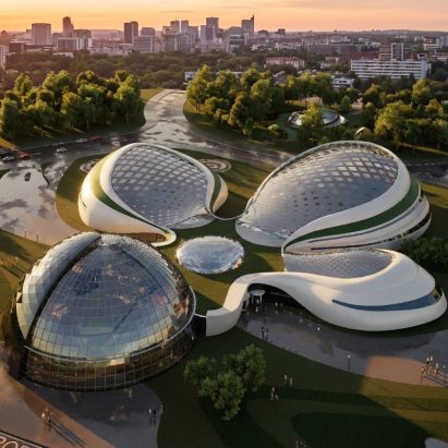 Architectural render of a futuristic building consisting of four connecting domes in a curvaceous, free-form shape.