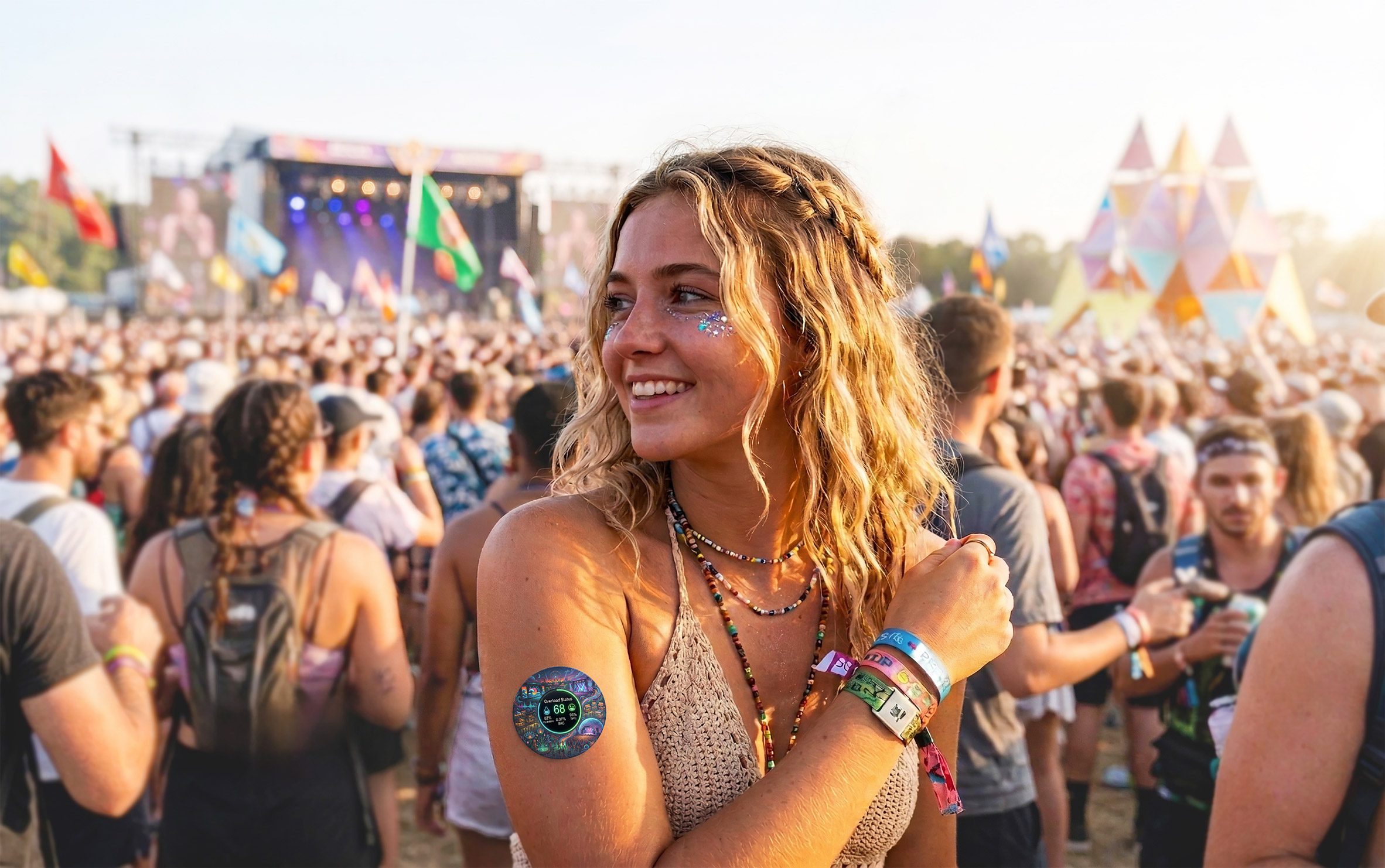 image of a girl at a festival with a monitor on her upper arm