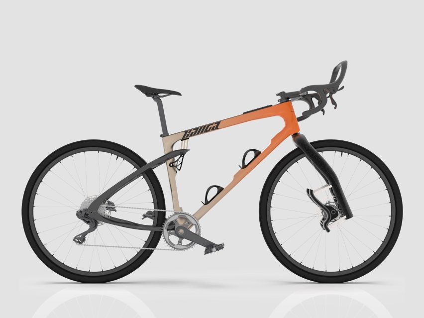 visualisation of an orange, white and black bicycle
